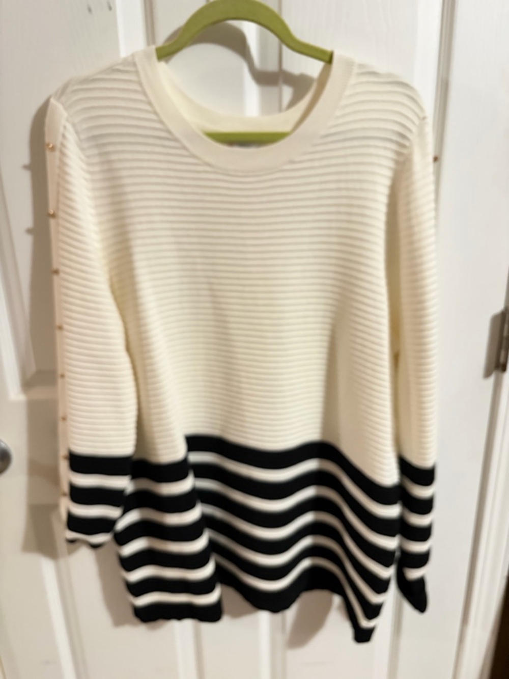 Liz Claiborne Cream and Black Striped Ribbed Crewneck Sweater